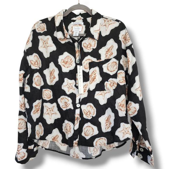 Nicolle Miller 100% linen Flax black white novelty clam shell print M Resort NWT - Picture 1 of 9